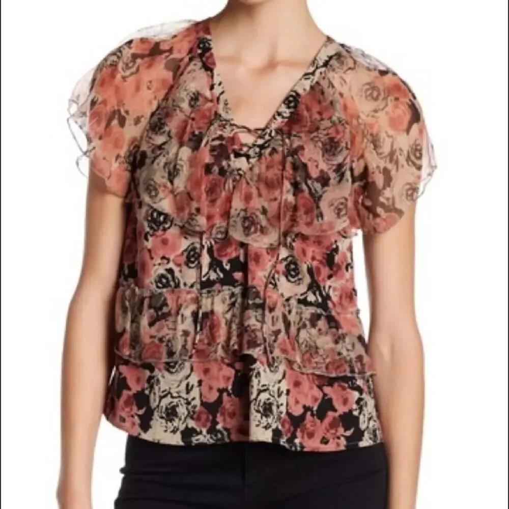 Lucky Brand Ruffled Rose Print Top Lace Up Tiered